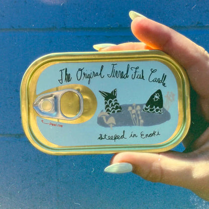 Forager Provisions LTD The Original Tinned Fish Candle in Enoki Forest scent, featuring sardine-tin style packaging.