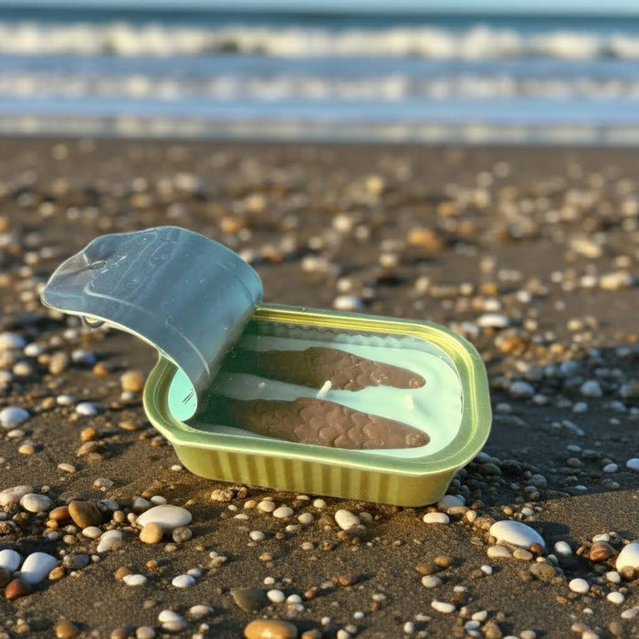 Forager Provisions LTD Enoki Forest scented candle in a sardine-style tin, placed on a pebble beach by the ocean.