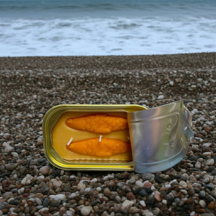 Sandalwood Tinned Fish Candle by Tinned Candle on rocky shore, ocean waves behind. Unique gift, beach decor, sea scent.