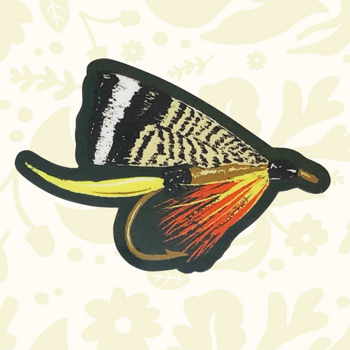 Forager Provisions LTD vinyl sticker featuring a detailed, hand-drawn vintage-style fly fishing lure illustration.