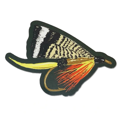 Forager Provisions LTD fishing fly vinyl sticker featuring a detailed hand-drawn fly with yellow and orange feathers.