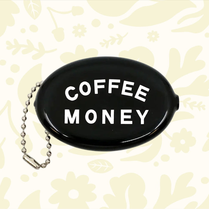 Three Potato Four Coffee Money Coin Pouch, black retro vinyl purse with chain, bold “COFFEE MONEY” text, unique gift idea.