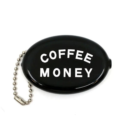 Forager Provisions LTD Three Potato Four black vinyl coin pouch with white Coffee Money text and ball chain key ring