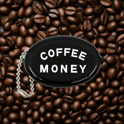 Forager Provisions LTD Three Potato Four black vinyl coin pouch with Coffee Money text on a coffee bean background