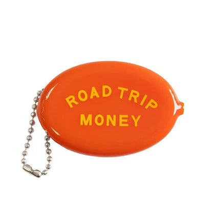 Forager Provisions LTD Three Potato Four orange vinyl coin pouch with Road Trip Money text and a metal ball chain.