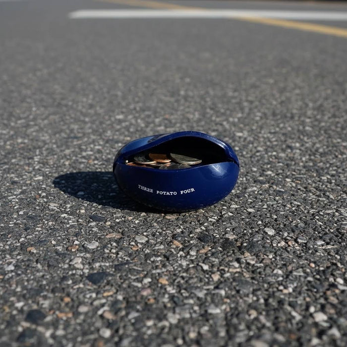 Forager Provisions LTD Three Potato Four blue vinyl coin pouch filled with coins on an asphalt road