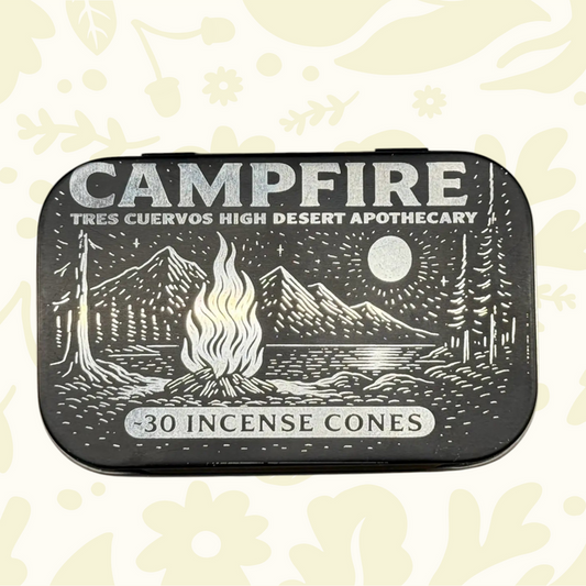 Forager Provisions LTD Tres Cuervos Campfire charcoal incense cones in a black illustrated metal tin.