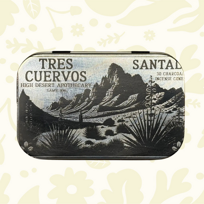 Forager Provisions LTD Tres Cuervos Santal charcoal incense cones in a decorative metal tin with desert landscape art.