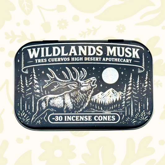 Forager Provisions LTD Tres Cuervos Wildlands Musk charcoal incense cones in a black illustrated metal tin.