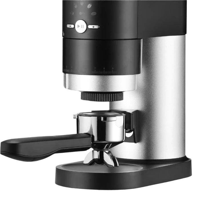 Black and silver espresso machine on a white background