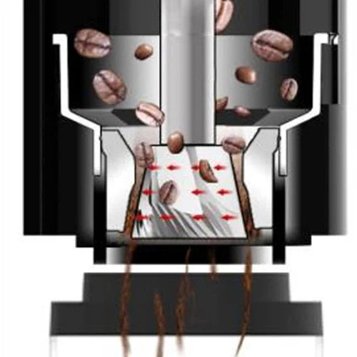 Diagram of a coffee roasting process with coffee beans and heat elements.