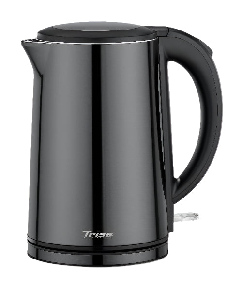 Black electric kettle with Trisa branding on a white background
