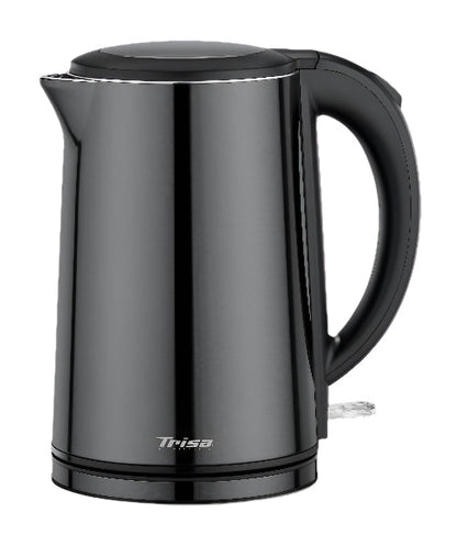 Black electric kettle with Trisa branding on a white background