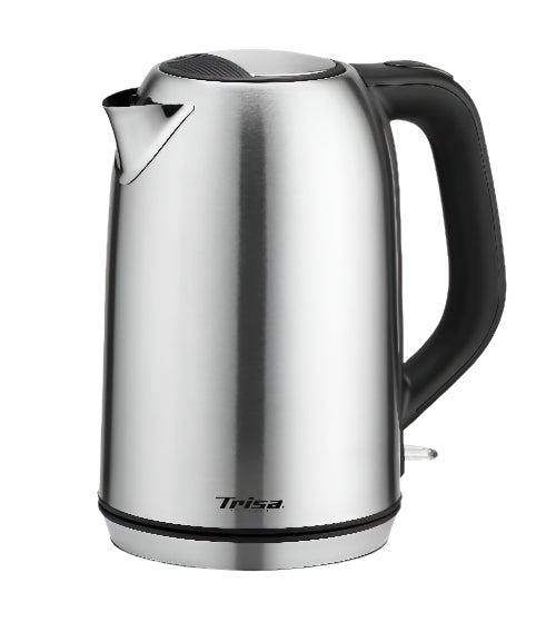 Stainless steel electric kettle with black handle on a white background, featuring the Trisa brand.