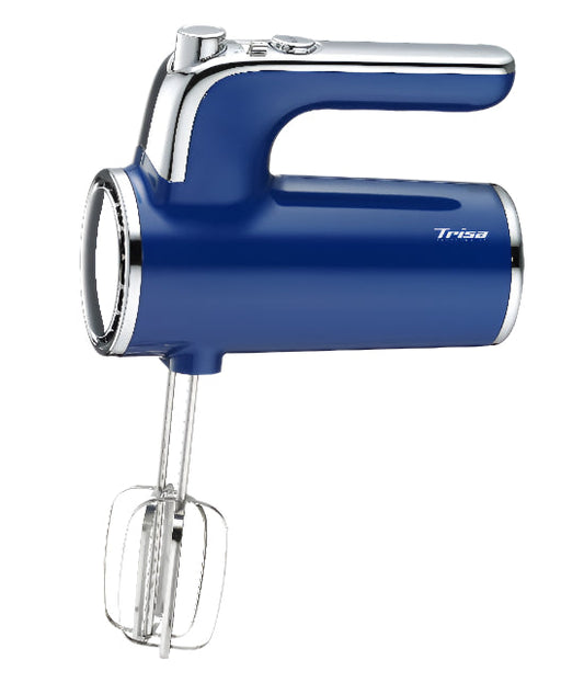 Blue hand mixer with silver accents on a white background