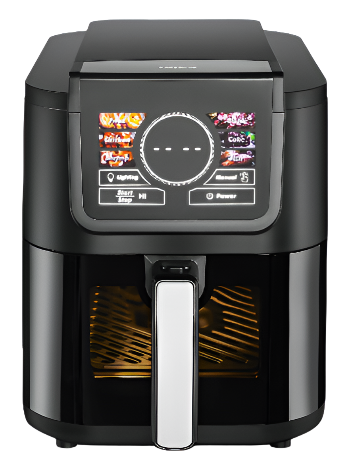 Black air fryer with digital display on a white background