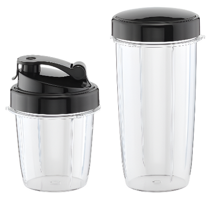 Two clear blender cups with black lids, one labeled 400 ml and the other 1000 ml, on a white background.
