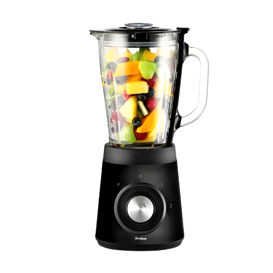 Black blender with a clear container filled with fruits on a white background