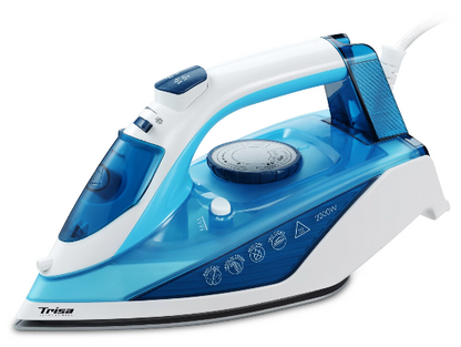 Blue and white iron with Trisa branding on a white background