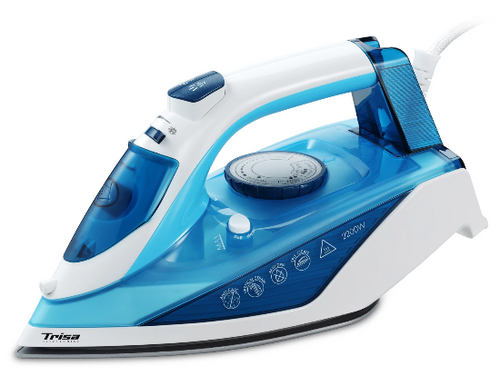 Blue and white iron with Trisa branding on a white background