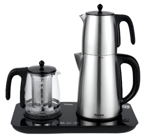 Stainless steel coffee maker and glass teapot on a black base with Trige branding.