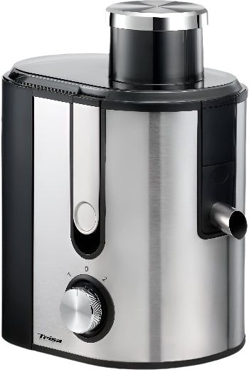 Stainless steel and black juicer with Trisa branding on a white background