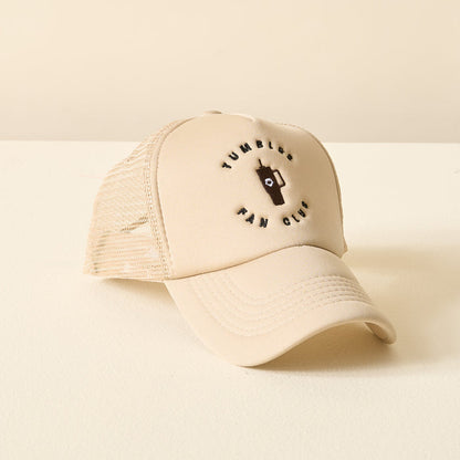 The Darling Effect’s Tumbler Fan Club Trckr Hat is a beige trucker hat with a mesh back, featuring an embroidered brown drink cup and the words TUMBLR FAN CLUB—a stylish pick for trendy and embroidered hat fans.