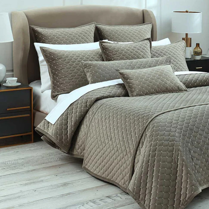 Turner oak Bedrunner, pillows and cushions on a bed in a bedroom setting.
