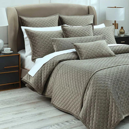 Turner oak Bedrunner, pillows and cushions on a bed in a bedroom setting.
