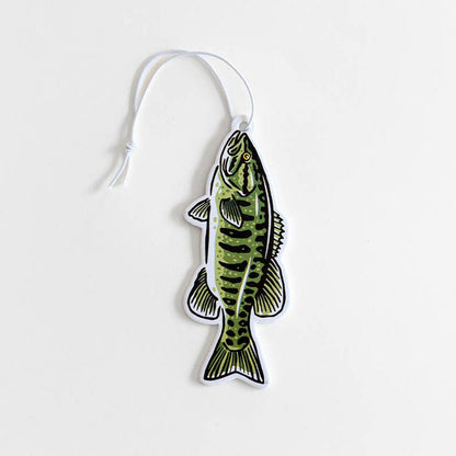 Forager Provisions LTD Smallmouth Bass air freshener with hand-illustrated green fish design and lemongrass scent.