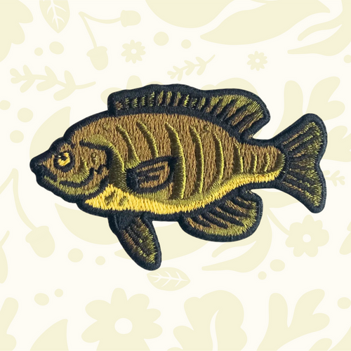 Forager Provisions LTD Union Made bluegill fish embroidered patch with detailed olive and yellow stitching.