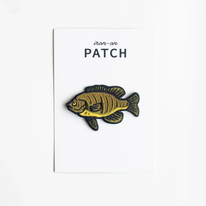Union Made Blue Gill Embroidered Patch—yellow and black fish design on white iron-on PATCH card, perfect for DIY apparel upgrades.