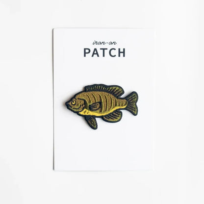 Union Made Blue Gill Embroidered Patch—yellow and black fish design on white iron-on PATCH card, perfect for DIY apparel upgrades.