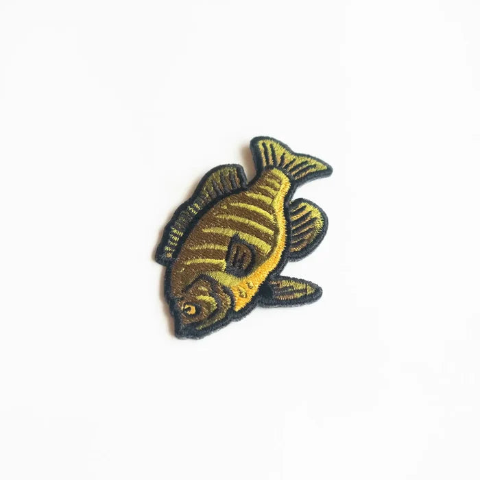 Union Made Blue Gill Patch: Yellow and brown embroidered fish, bold black outlines, white background. Unique fishing iron-on badge.