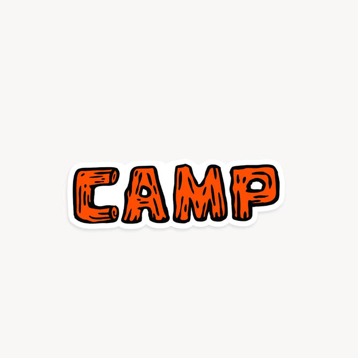 Forager Provisions LTD glossy vinyl sticker featuring the word CAMP in orange wood-grain texture on a white background