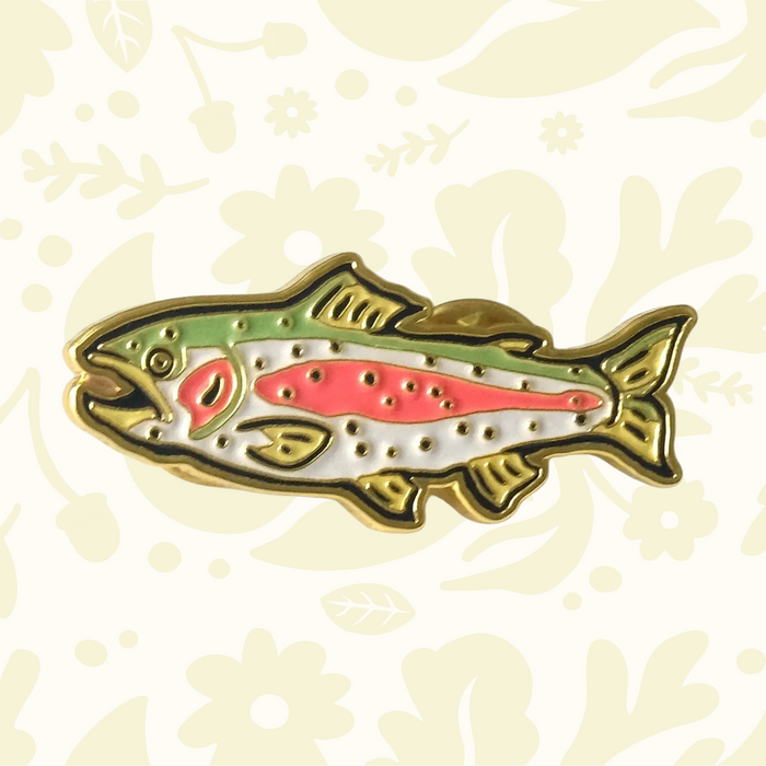 Forager Provisions LTD rainbow trout enamel pin with gold metal detailing and vibrant fish illustration.