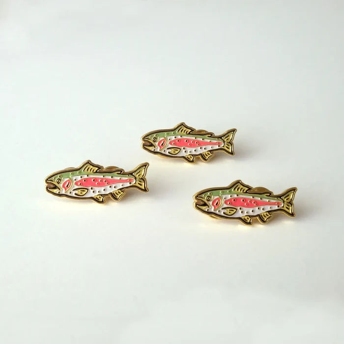 Union Made Enamel Pin - Rainbow Trout design shown on a white background, unique fish accessory by Union Made, vibrant colors.