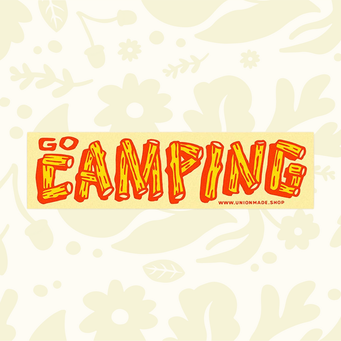 Forager Provisions LTD Go Camping bumper sticker with orange log-style lettering on a cream background.