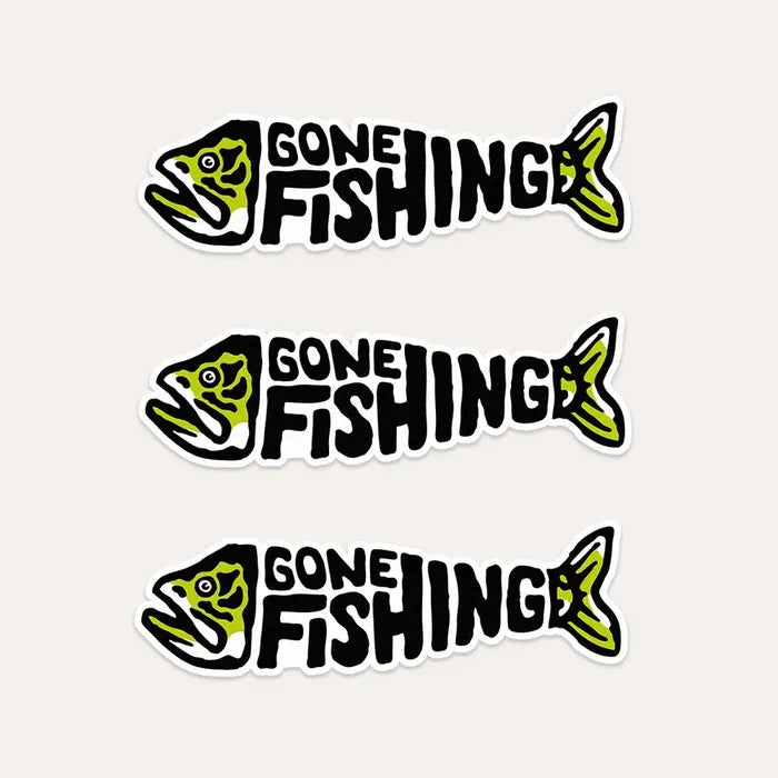 Set of three fish-shaped "Gone Fishing" vinyl stickers, union made, waterproof and durable—great fishing gear decals for anglers.
