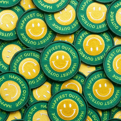 Union Made “Happiest Outside” Smiley Embroidered Iron on Patch