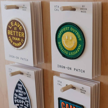 Union Made “Happiest Outside” Smiley Embroidered Iron on Patch