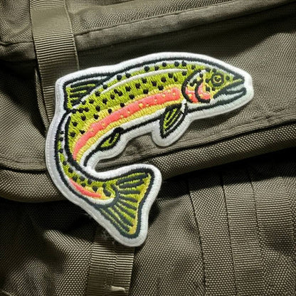 Union Made Jumping Salmon Iron On Patch—khaki base, green, pink & yellow accents. Perfect fishing gift or collectors item!.