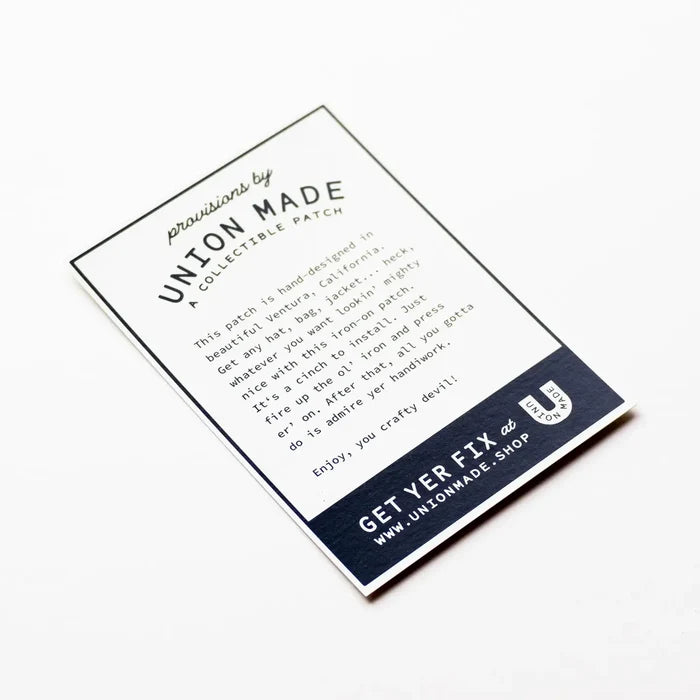 Union Made Blue Gill Embroidered Patch card, details and website link displayed on white background, perfect for fishing fans.