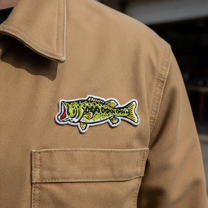 Forager Provisions LTD Union Made largemouth bass fish iron-on patch embroidered on a tan canvas jacket