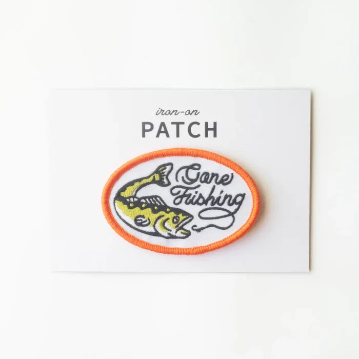 Union Made oval iron-on patch features fish design and "Gone Fishing" text—perfect badge for outdoor lovers. Brand: Union Made.