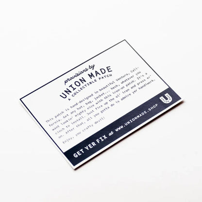 Gone Fishing Union Made oval embroidered iron on patch info card with website link and details on a clean white background.