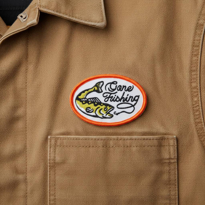 Union Made brown shirt with front pocket, Gone Fishing oval patch, fish and hook detail above the pocket—classic men’s style.