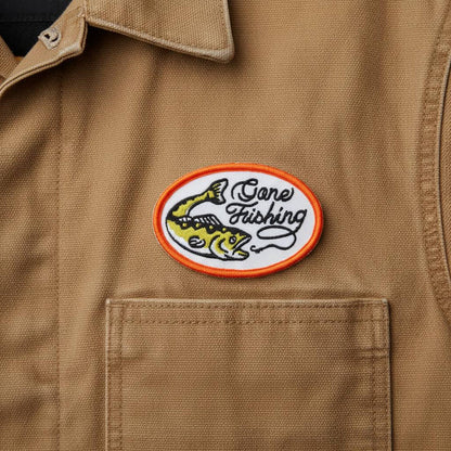 Union Made brown shirt with front pocket, Gone Fishing oval patch, fish and hook detail above the pocket—classic men’s style.
