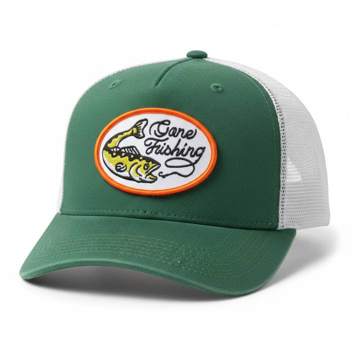 Union Made cap featuring an oval “Gone Fishing” embroidered patch and fish design on the front panel. Durable, stylish hat.