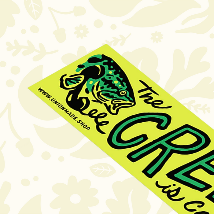 Forager Provisions LTD The Creek Is Calling weatherproof vinyl bumper sticker with a green bass fish illustration